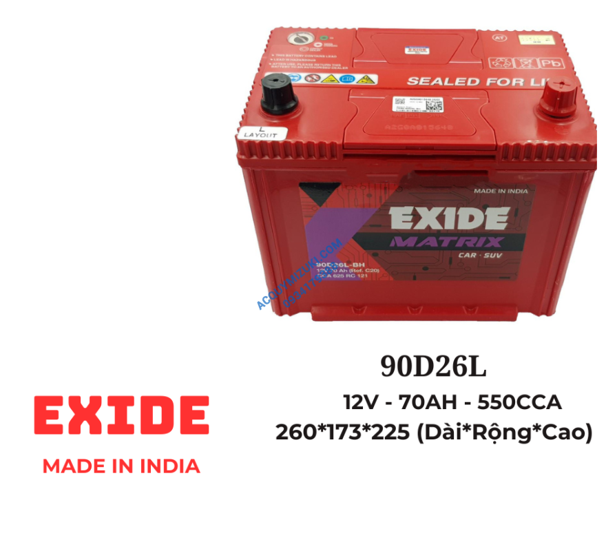 Bình ắc quy EXIDE 90D26L-BH (12V-70AH) CCA 625A